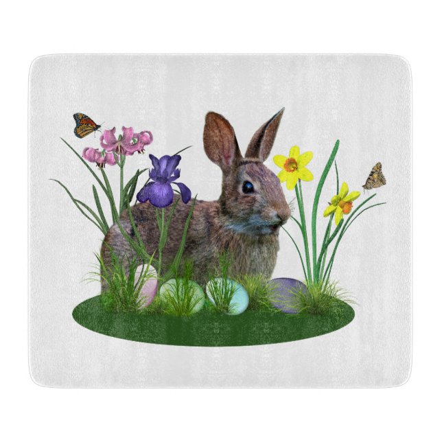 Easter Bunny, Eggs, and Spring Flowers Cutting Board (Front)