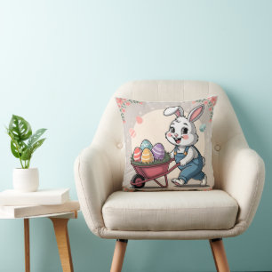 Easter Bunny Eggs & Wheelbarrow Throw Pillow