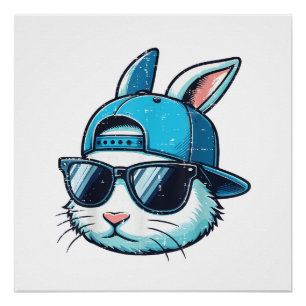 Easter Bunny Face Baseball Cap Sunglasses Rabbit B Poster
