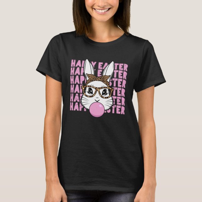Easter Bunny Face Glasses Leopard Happy Easter Day T-Shirt (Front)