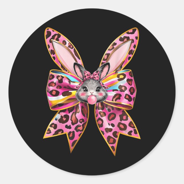 Easter Bunny Face Leopard Coquette Bow Easter Day  Classic Round Sticker (Front)