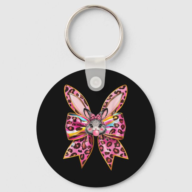 Easter Bunny Face Leopard Coquette Bow Easter Day  Keychain (Front)