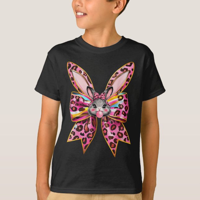 Easter Bunny Face Leopard Coquette Bow Easter Day  T-Shirt (Front)