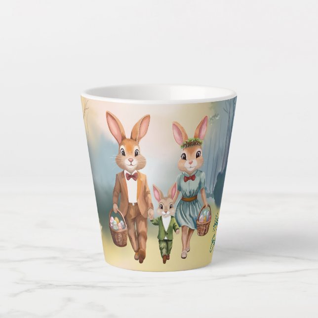 Easter Bunny Family Chasing Eggs - Watercolor Latte Mug (Front)