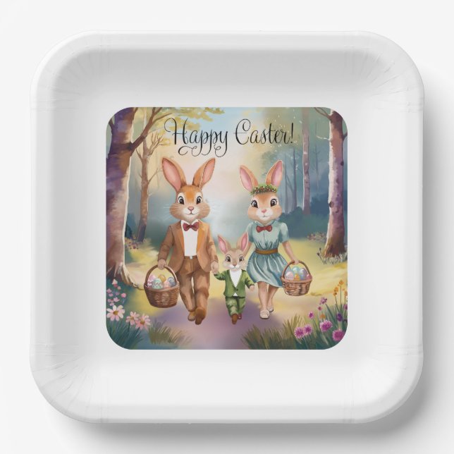 Easter Bunny Family Chasing Eggs - Watercolor Paper Plate (Front)