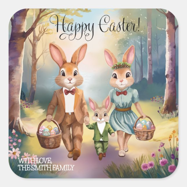 Easter Bunny Family Chasing Eggs - Watercolor Square Sticker (Front)