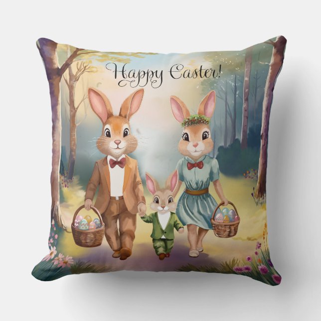 Easter Bunny Family Chasing Eggs - Watercolor Throw Pillow (Front)