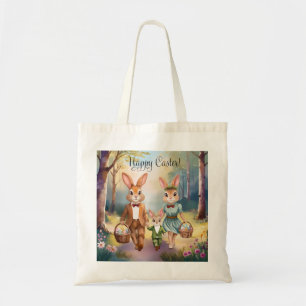 Easter Bunny Family Chasing Eggs - Watercolor Tote Bag