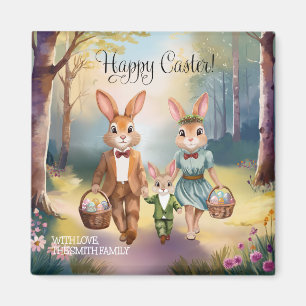 Easter Bunny Family Hunting for Eggs - Watercolor Magnet