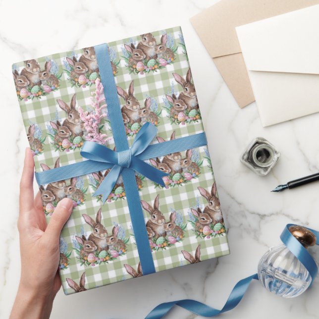 Easter Bunny Family On Gingham Wrapping Paper (Gifting)