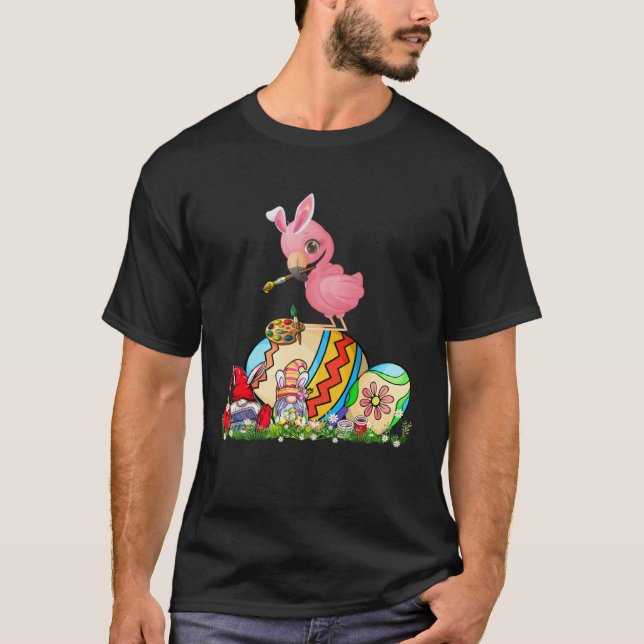 Easter Bunny Flamingo With Gnomes Painting Chocola T-Shirt (Front)