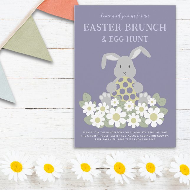 Easter Bunny Floral Egg Hunt and Brunch Invitation Postcard (Easter egg hunt spring brunch cute bunny daisy meadow floral  purple garden party invitation)