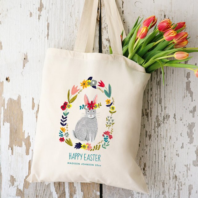Easter bunny floral wreath tote bag (Creator Uploaded)