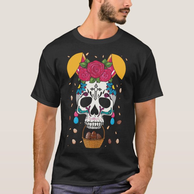 Easter Bunny Flower Dia De Los Muertos Happy Easte T-Shirt (Front)
