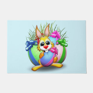 Easter Bunny Funny and Cute Character Biting an Eg Doormat