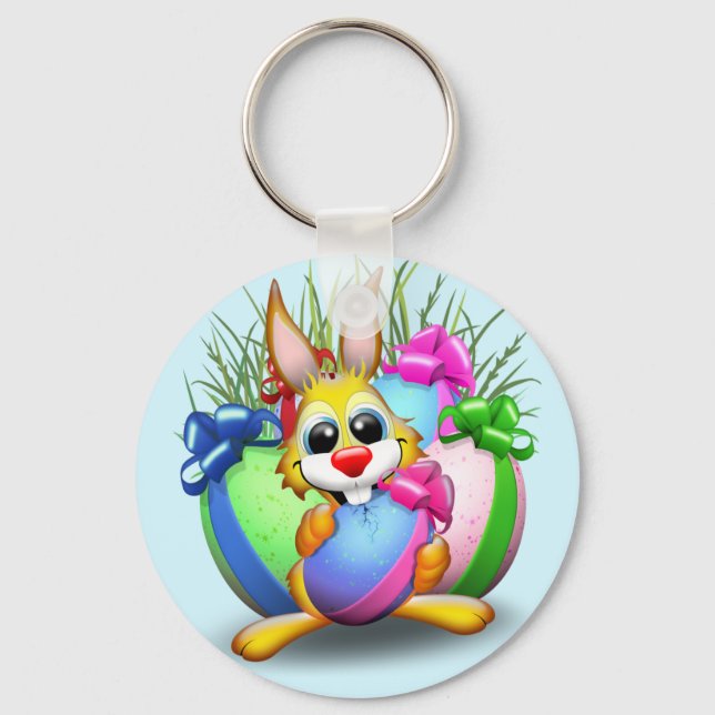 Easter Bunny Funny and Cute Character Biting an Eg Keychain (Front)