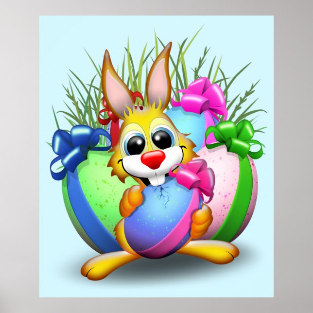Easter Bunny Funny and Cute Character Biting an Eg Poster (Front)