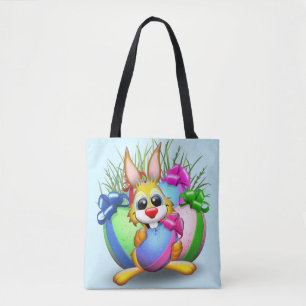Easter Bunny Funny and Cute Character Biting an Eg Tote Bag