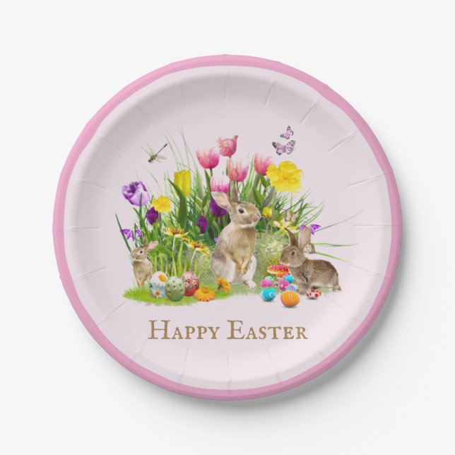 Easter Bunny Garden Floral Pink Paper Plate (Front)
