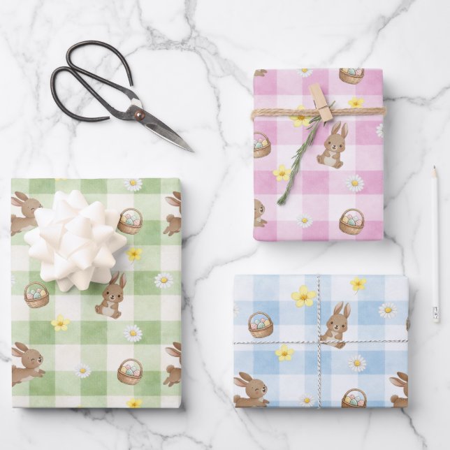 Easter Bunny Gingham Wrapping Paper Sheets (Front)