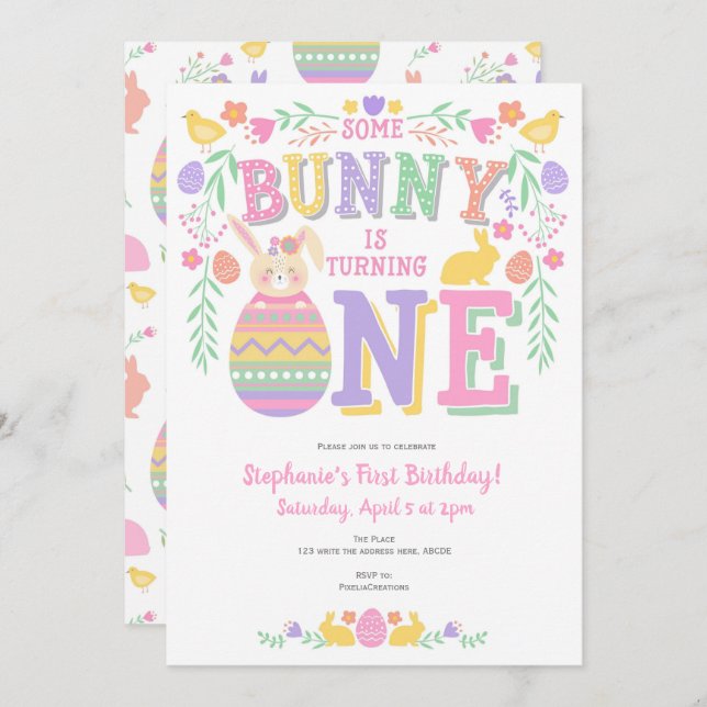 Easter, Bunny, Girl 1st, Spring Birthday Invitation (Front/Back)