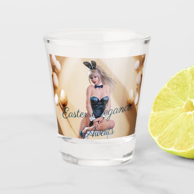 Easter Bunny Girl Sitting on Round Edge Cube Shot Glass (Front)