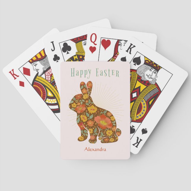 Easter Bunny Gold Glitter Personalized Floral Playing Cards (Back)