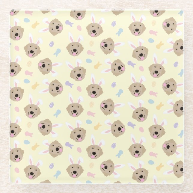 Easter Bunny Golden Retriever Pattern Glass Coaster (Front)