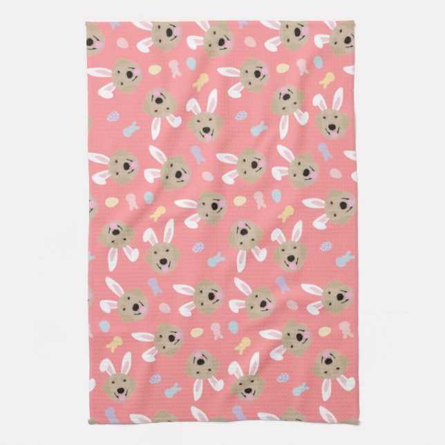 Easter Bunny Golden Retriever Pattern Kitchen Towel (Vertical)