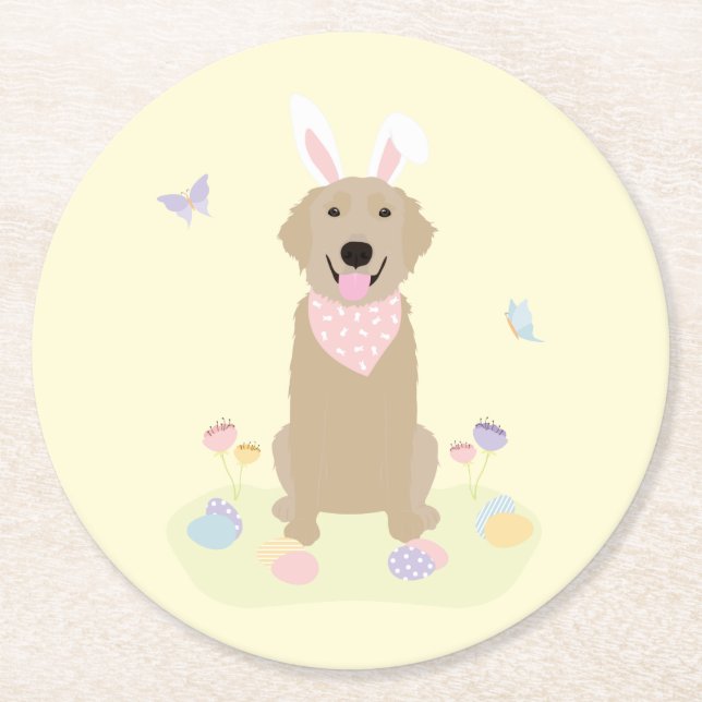 Easter Bunny Golden Retriever Round Paper Coaster (Front)