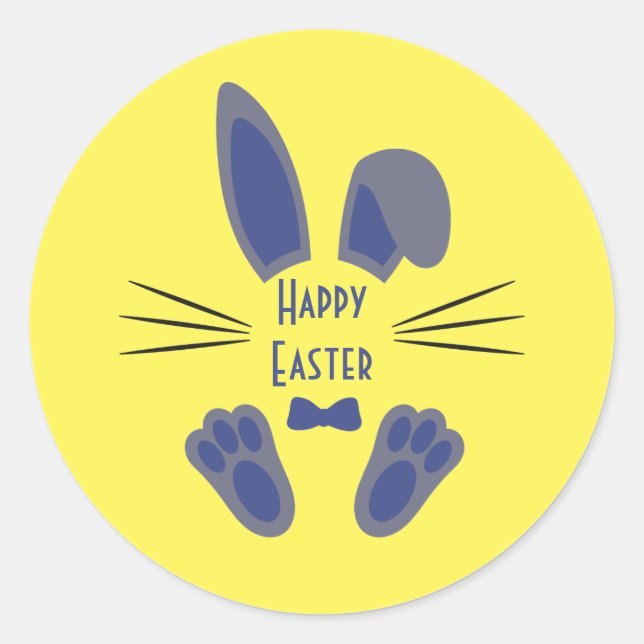 Easter Bunny Happy Easter Blue and Yellow Classic Round Sticker (Front)