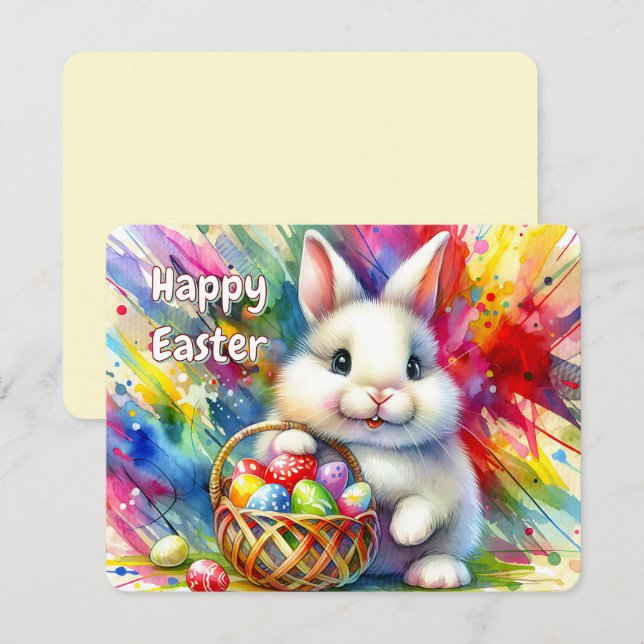 Easter Bunny holding Colourful Eggs in Basket -  Holiday Card (Front/Back)