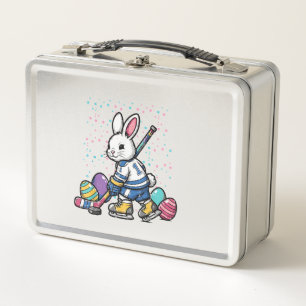 Easter Bunny Ice Hockey Player Eggs Rabbit Boys Ki Metal Lunch Box