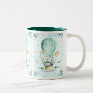 Easter bunny in a basket and spring balloon Two-Tone coffee mug