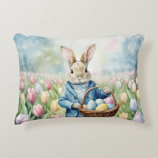 Easter Bunny in a meadow of Tulips Accent Pillow (Front)