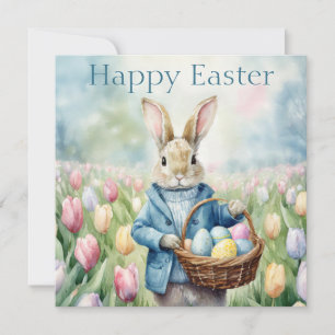 Easter Bunny in a meadow of Tulips Holiday Card