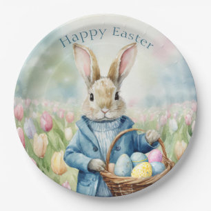 Easter Bunny in a meadow of Tulips Paper Plate