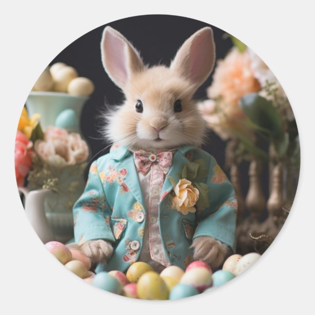 Easter Bunny in a Spring Jacket Classic Round Sticker (Front)
