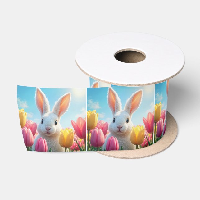 Easter Bunny In a Tulip Garden Satin Ribbon (Spool)