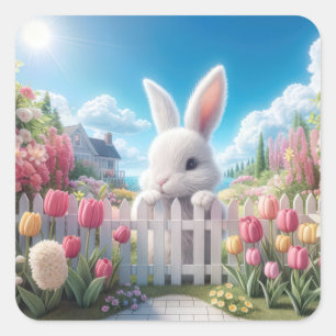 Easter Bunny In a Tulip Garden Square Sticker