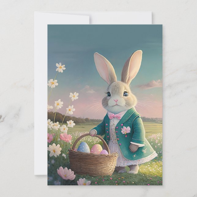 Easter bunny in little blue jacket holiday card (Front)
