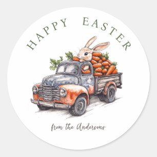 Easter bunny in rustic vintage truck classic round sticker