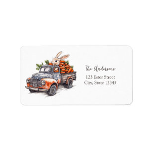 Easter bunny in rustic vintage truck  label