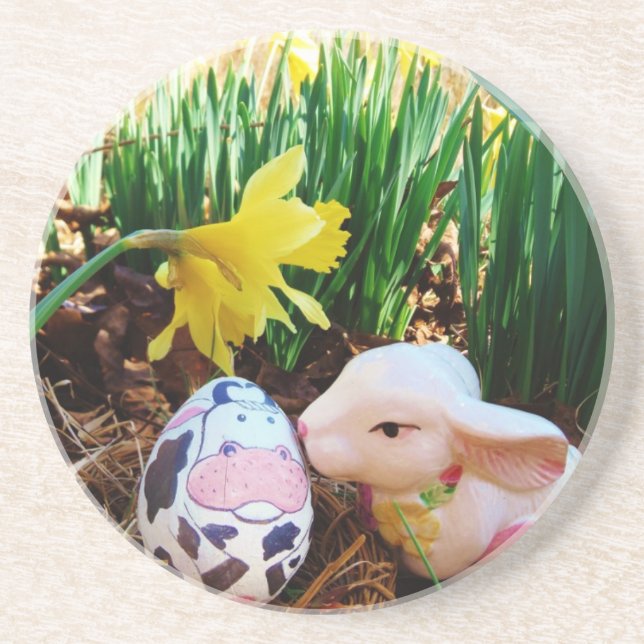 Easter Bunny kissing Cow Egg Coaster (Front)