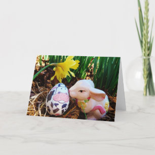 Easter Bunny kissing Cow Egg Holiday Card