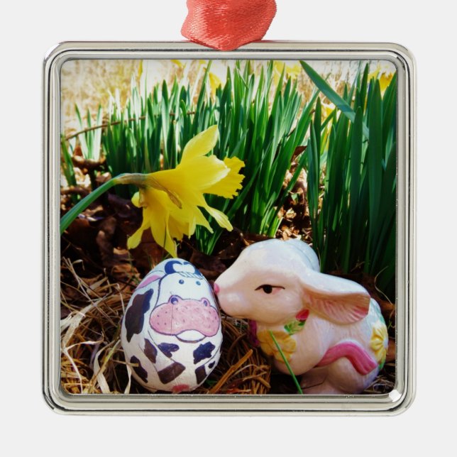 Easter Bunny kissing Cow Egg Metal Ornament (Front)