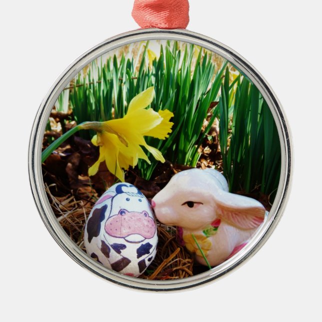 Easter Bunny kissing Cow Egg Metal Ornament (Front)
