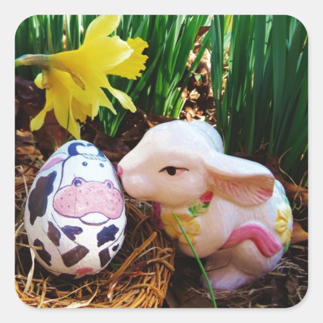 Easter Bunny kissing Cow Egg Square Sticker (Front)