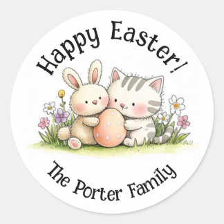Easter Bunny & Kitten Personalized Round Sticker