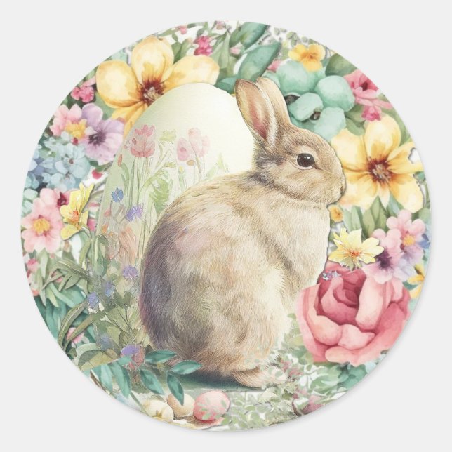 Easter Bunny Large Egg Spring Flowers Cute Classic Round Sticker (Front)